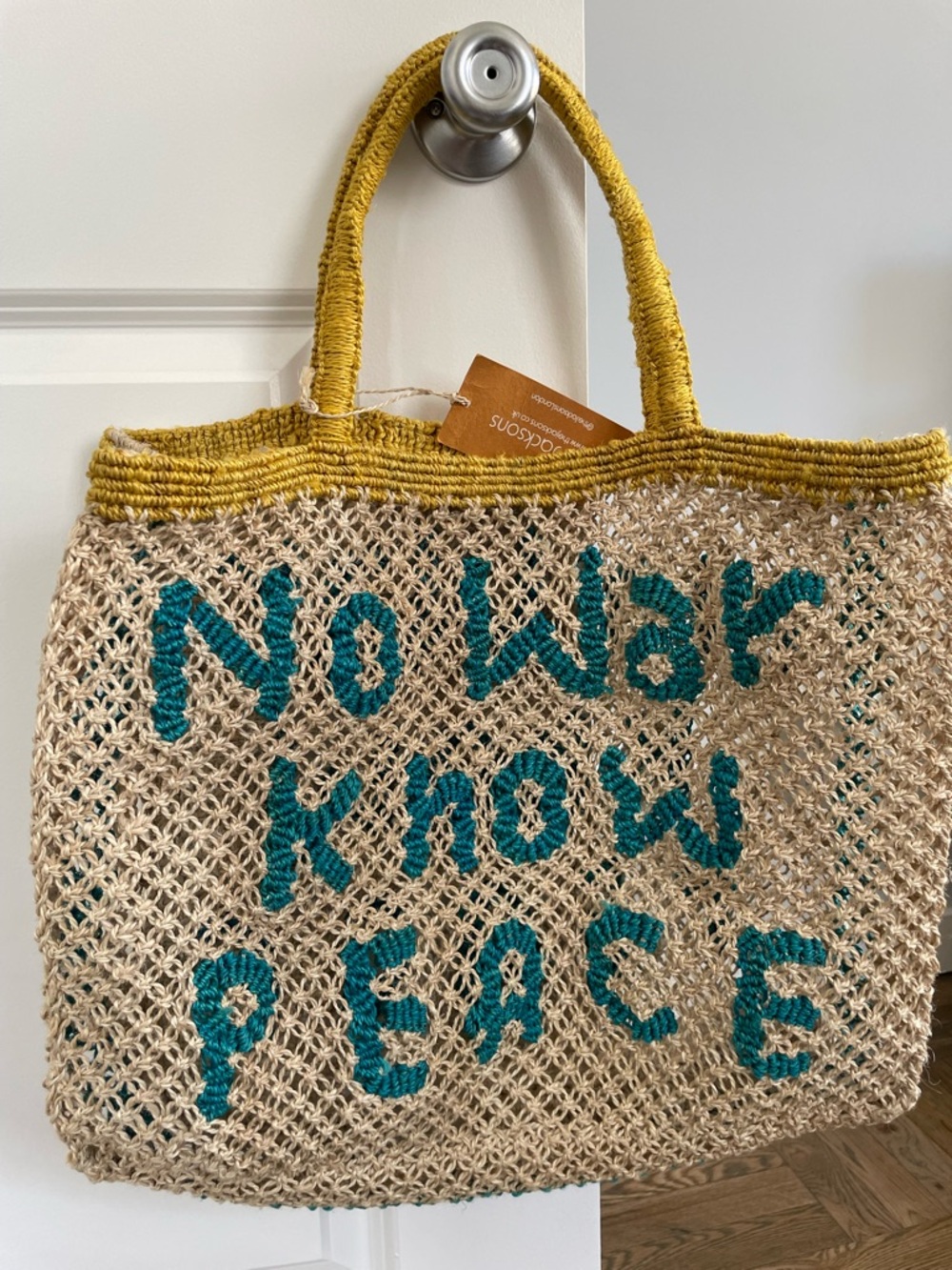 JACKSON Natural Jute Tote with Yellow Handles and Teal Pattern